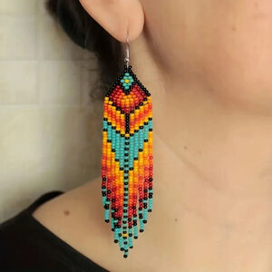 Osadia Boho Seed Bead Earrings Handmade in Mexico, Bold Fire Pattern, 4.3” Drop